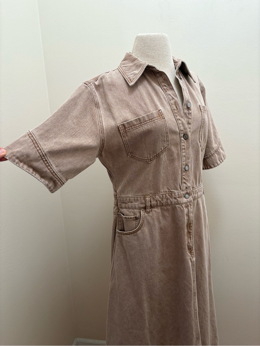 ALIGNE Tan Mateo Asymmetrical Utility Denim Midi Dress Size 12 Large Lagenlook - Picture 16 of 16